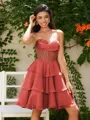 A-line Sweetheart Cascading Ruffles Short/Mini Chiffon Corset Homecoming Dress