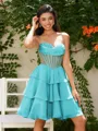 A-line Sweetheart Cascading Ruffles Short/Mini Chiffon Corset Homecoming Dress