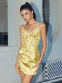 Sheath V-neck Appliques Lace Short/Mini Silk Like Satin Corset Homecoming Dress