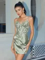 Sheath V-neck Appliques Lace Short/Mini Silk Like Satin Corset Homecoming Dress
