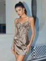Sheath V-neck Appliques Lace Short/Mini Silk Like Satin Corset Homecoming Dress