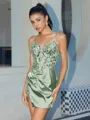 Sheath V-neck Appliques Lace Short/Mini Silk Like Satin Corset Homecoming Dress