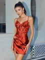 Sheath V-neck Appliques Lace Short/Mini Silk Like Satin Corset Homecoming Dress