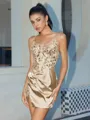 Sheath V-neck Appliques Lace Short/Mini Silk Like Satin Corset Homecoming Dress