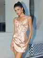 Sheath V-neck Appliques Lace Short/Mini Silk Like Satin Corset Homecoming Dress