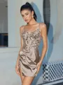 Sheath V-neck Appliques Lace Short/Mini Silk Like Satin Corset Homecoming Dress