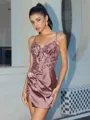 Sheath V-neck Appliques Lace Short/Mini Silk Like Satin Corset Homecoming Dress
