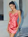 Sheath V-neck Appliques Lace Short/Mini Silk Like Satin Corset Homecoming Dress