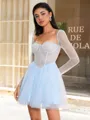 A-line Square Long Sleeves Beading Short/Mini Tulle Corset Homecoming Dress
