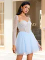 A-line Square Long Sleeves Beading Short/Mini Tulle Corset Homecoming Dress