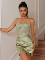 Sheath Appliques Lace Short/Mini Silk Like Satin Corset Convertible Homecoming Dress