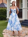 A-line Straps Bow Tea-Length Chiffon Corset Homecoming Dress