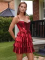 A-line Spaghetti Straps Cascading Ruffles Short/Mini Metallic Satin Corset Homecoming Dress
