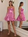 A-line Spaghetti Straps Flower Short/Mini Metallic Satin Corset Homecoming Dress