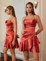 A-line Spaghetti Straps Ruffles Short/Mini Silk Like Satin Corset Homecoming Dress