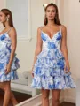 A-line V-neck Cascading Ruffles Short/Mini Chiffon Homecoming Dress