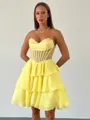 A-line Sweetheart Cascading Ruffles Short/Mini Chiffon Corset Homecoming Dress
