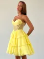 A-line Sweetheart Cascading Ruffles Short/Mini Chiffon Corset Homecoming Dress