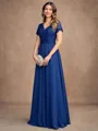 A-Line/Princess Chiffon Lace V-neck Short Sleeves Floor-Length Mother of the Bride Dresses