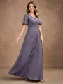 A-Line/Princess Chiffon Ruched V-neck Short Sleeves Floor-Length Mother of the Bride Dresses