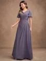 A-Line/Princess Chiffon Ruched V-neck Short Sleeves Floor-Length Mother of the Bride Dresses