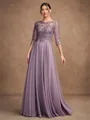 A-Line/Princess Chiffon Lace Scoop 3/4 Sleeves Floor-Length Mother of the Bride Dresses