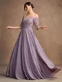 A-Line/Princess Chiffon Applique Off-the-Shoulder 3/4 Sleeves Floor-Length Mother of the Bride Dresses