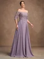 A-Line/Princess Chiffon Applique Off-the-Shoulder 3/4 Sleeves Floor-Length Mother of the Bride Dresses