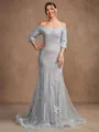 Sheath/Column Lace Applique Off-the-Shoulder 3/4 Sleeves Sweep/Brush Train Mother of the Bride Dresses