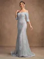 Sheath/Column Lace Applique Off-the-Shoulder 3/4 Sleeves Sweep/Brush Train Mother of the Bride Dresses