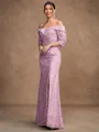 Sheath/Column Satin Lace Off-the-Shoulder 3/4 Sleeves Floor-Length Mother of the Bride Dresses