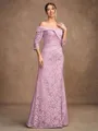 Sheath/Column Satin Lace Off-the-Shoulder 3/4 Sleeves Floor-Length Mother of the Bride Dresses