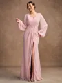 A-Line/Princess Chiffon Applique V-neck Long Sleeves Floor-Length Mother of the Bride Dresses