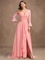 A-Line/Princess Chiffon Ruched V-neck Long Sleeves Sweep/Brush Train Mother of the Bride Dresses