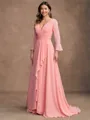 A-Line/Princess Chiffon Ruched V-neck Long Sleeves Sweep/Brush Train Mother of the Bride Dresses