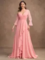 A-Line/Princess Chiffon Ruched V-neck Long Sleeves Sweep/Brush Train Mother of the Bride Dresses