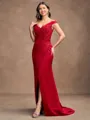 Sheath/Column Satin Applique Off-the-Shoulder Sleeveless Sweep/Brush Train Mother of the Bride Dresses