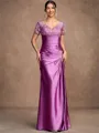 Sheath/Column Silk Like Satin Applique V-neck Short Sleeves Floor-Length Mother of the Bride Dresses