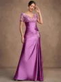 Sheath/Column Silk Like Satin Applique V-neck Short Sleeves Floor-Length Mother of the Bride Dresses