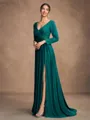 A-Line/Princess Jersey Beading V-neck Long Sleeves Sweep/Brush Train Mother of the Bride Dresses