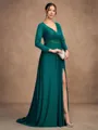 A-Line/Princess Jersey Beading V-neck Long Sleeves Sweep/Brush Train Mother of the Bride Dresses