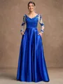 A-Line/Princess Satin Applique V-neck Long Sleeves Floor-Length Mother of the Bride Dresses