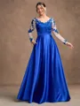 A-Line/Princess Satin Applique V-neck Long Sleeves Floor-Length Mother of the Bride Dresses