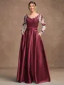 A-Line/Princess Satin Applique V-neck Long Sleeves Floor-Length Mother of the Bride Dresses