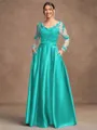 A-Line/Princess Satin Applique V-neck Long Sleeves Floor-Length Mother of the Bride Dresses