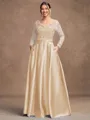 A-Line/Princess Satin Applique V-neck Long Sleeves Floor-Length Mother of the Bride Dresses