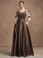 A-Line/Princess Satin Applique V-neck Long Sleeves Floor-Length Mother of the Bride Dresses