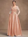 A-Line/Princess Satin Applique V-neck Long Sleeves Floor-Length Mother of the Bride Dresses