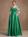 A-Line/Princess Satin Applique V-neck Long Sleeves Floor-Length Mother of the Bride Dresses