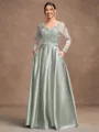 A-Line/Princess Satin Applique V-neck Long Sleeves Floor-Length Mother of the Bride Dresses
